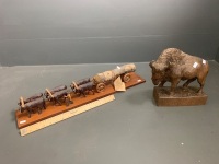 Original Australian Woodcarvings Drover Team by Karl Jancic + Carved Timber Bison