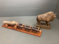 Original Australian Woodcarvings Drover Team by Karl Jancic + Carved Timber Bison - 2