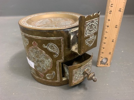 Antique Silver and Copper Inlaid Brass Arabic Ashtray with Match Holder and Drawer from Vintage Artillery Shell