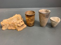 Asstd Lot inc. 2 x Jewellery Crucibles, Antique Carved Horn Cup + Chinese Alabaster Style Ashtray