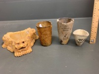 Asstd Lot inc. 2 x Jewellery Crucibles, Antique Carved Horn Cup + Chinese Alabaster Style Ashtray - 2