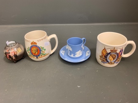 Asstd lot of Vintage Ceramics inc. S/S Topped Royal Bayreuth Pot, Wedgwood Coffee Can + SaucerÃ‚Â  and 2 x Commemorative Mugs