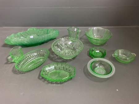 Large Asstd Lot of Green Depression Glass inc Measuring Jug