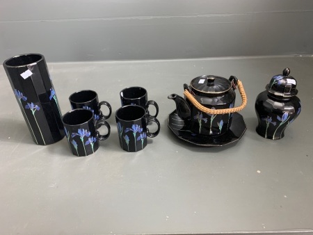 Lot of Matching Japanese Black Ceramic Kitchenware