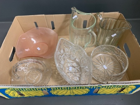 Large Asstd Lot inc. Vintage Jugs, Crystal Bowls + 1937 Coronation Glass Handled Bowl