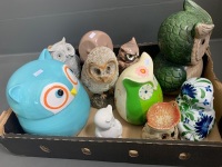 Large Asstd Lot of Owl Ornaments, Money Boxes, Jars Etc