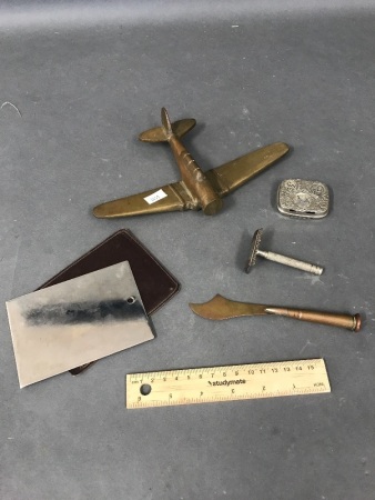 Vintage Metal Shaving mirror, Brass Plane Paperweight, Coin Dispenser, Trench Art Letter Opener