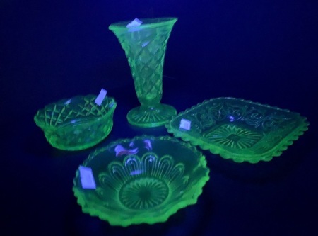 4 Pieces of Vintage Pressed Uranium Glass inc. 3 Small Dishes + Vase