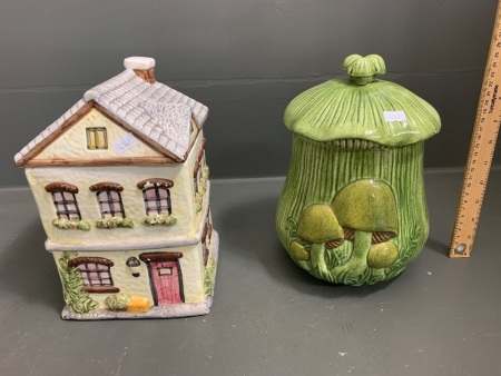 2 Ceramic Cookie Jars - Tea House + Mushroom