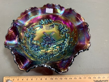 Vintage Amethyst Carnival Glass Fruit Bowl with Windmill Design