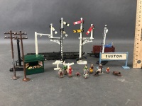 Collection of Vintage Die Cast Railway Signals and Eqpt. + Tiny People