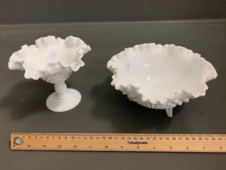 Fenton Hobnail Milk Glass 3 Footed Bowl with Ruffled Edge + Pedestal Compote - Both Marked to Base