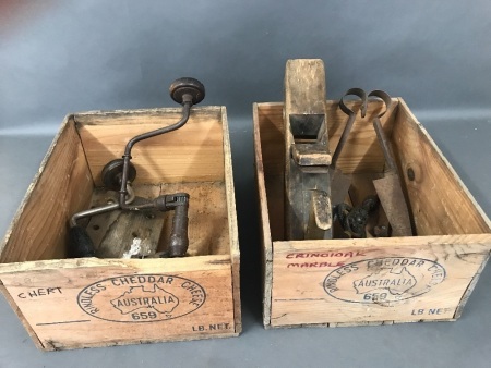2 Vintage Wooden Cheese Crates & Collection of Old Tools