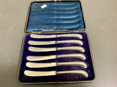 Set of 6 Sterling Silver Handled Butter Knives in Box - Hallmarked Sheffield 1904