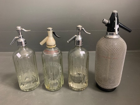 4 Vintage Soda Syphons - 2 Schweppes, 1 Tooth & Co, 1 Mesh Covered