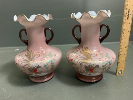 Pair of 2 Handled Purple Milk Glass Vases