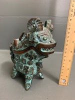 Antique Chinese Bronze Lidded Dragon Ritual Ewer or Guang - Signed on Inside Top - 2