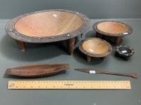 Stack of 4 Asstd Fijian Carved and Inlaid Cava Bowls + Small Carved Canoe