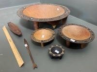 Stack of 4 Asstd Fijian Carved and Inlaid Cava Bowls + Small Carved Canoe - 2