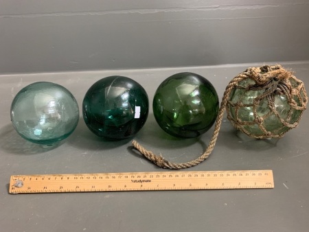 4 Asstd Small Vintage Glass Fishing Floats - 1 in Net