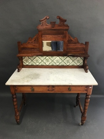Vintage Marble Topped Washstand with Original Tiled & Mirrored Splashback