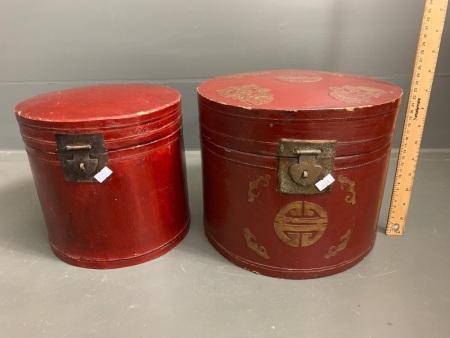 2 Antique Chinese Leather Ox Blood Red Lacquered Hinged Stacking Hat Boxes