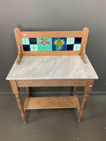 Small Antique Marble Topped Washstand with Timber Framed Tiled Splashback