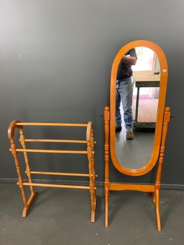 Contemporary Timber Framed Cheval Mirror + Timber Towel Rail