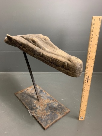 Ancient Carved Timber Crocodile Head Mounted on Later Steel Stand