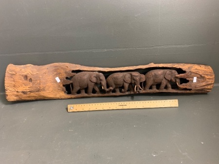 Vintage Carved Tree Branch with 3 Elephants