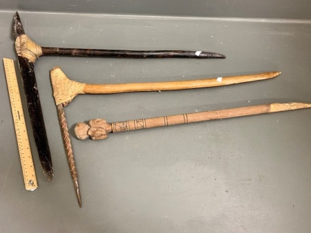 2 x Vintage PNG Ceremonial Timber Axes + Carved Club/Stick