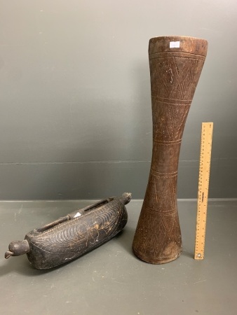 2 Vintage Carved Timber Drums