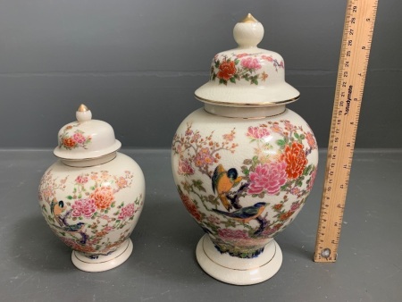 Pair of Graduated Japanese Crackle Glazed Ginger Jars with Birds and Flowers