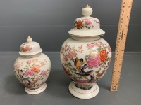 Pair of Graduated Japanese Crackle Glazed Ginger Jars with Birds and Flowers