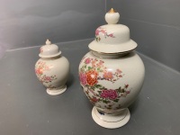 Pair of Graduated Japanese Crackle Glazed Ginger Jars with Birds and Flowers - 2