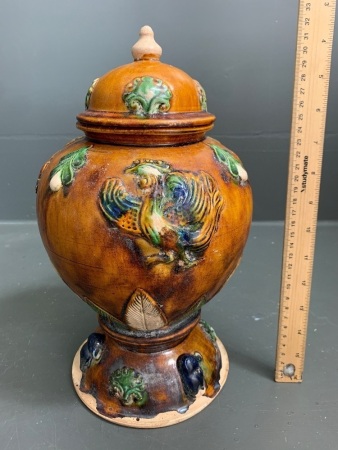 Vintage Chinese Tang Style Glazed Majolica Style Ginger Jar - Pheonix Rising