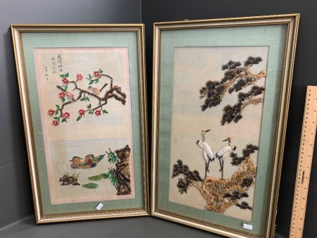 Pair of Vintage Framed Bird Pictures on Silk Made from Thousands of Tiny Shells - 1 Signed