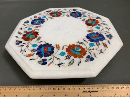 White Marble Lazy Susan Inlaid with Gemstones & Shell