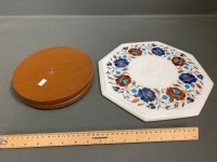 White Marble Lazy Susan Inlaid with Gemstones & Shell - 2