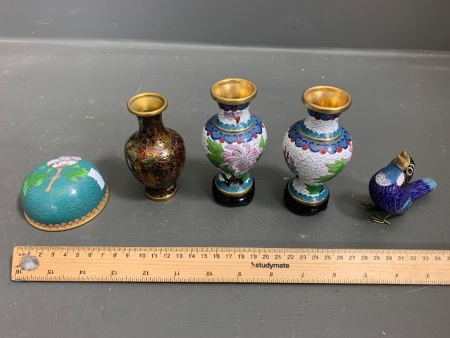 Asstd Lot of Small Cloisonne Wares inc. Pair of Vases, Bird, Jar Lid etc