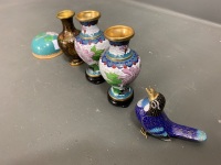 Asstd Lot of Small Cloisonne Wares inc. Pair of Vases, Bird, Jar Lid etc - 2