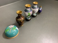 Asstd Lot of Small Cloisonne Wares inc. Pair of Vases, Bird, Jar Lid etc - 3