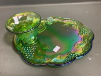 Contemporary Green Carnival Glass Tennis Set - Cup & Sandwich Plate