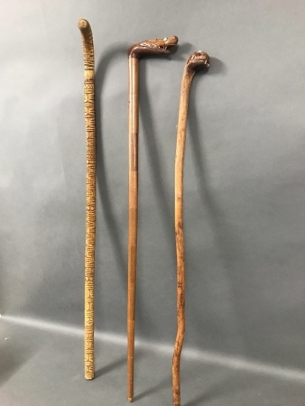 3 Vintage Carved Walking Sticks