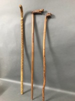 3 Vintage Carved Walking Sticks