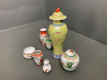 Asstd Lot of Vintage Chinese & Japanese Pots & Jars inc. 1960's Yellow Canton Enamel Yellow Lidded Jar