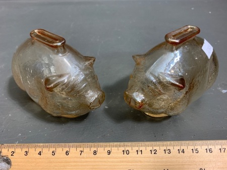 Pair of Vintage Anchor Hocking Marigold Carnival Glass Piggy Money Banks