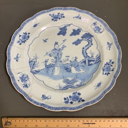 Antique Qing Dynasty Glazed Blue and White Charger with Historic Stapled Repairs c1870's