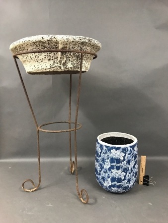 Lava Pot in Metal Stand + Blue & White Planter