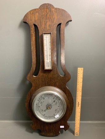 Antique English Oak Wall Barometer & Thermometer